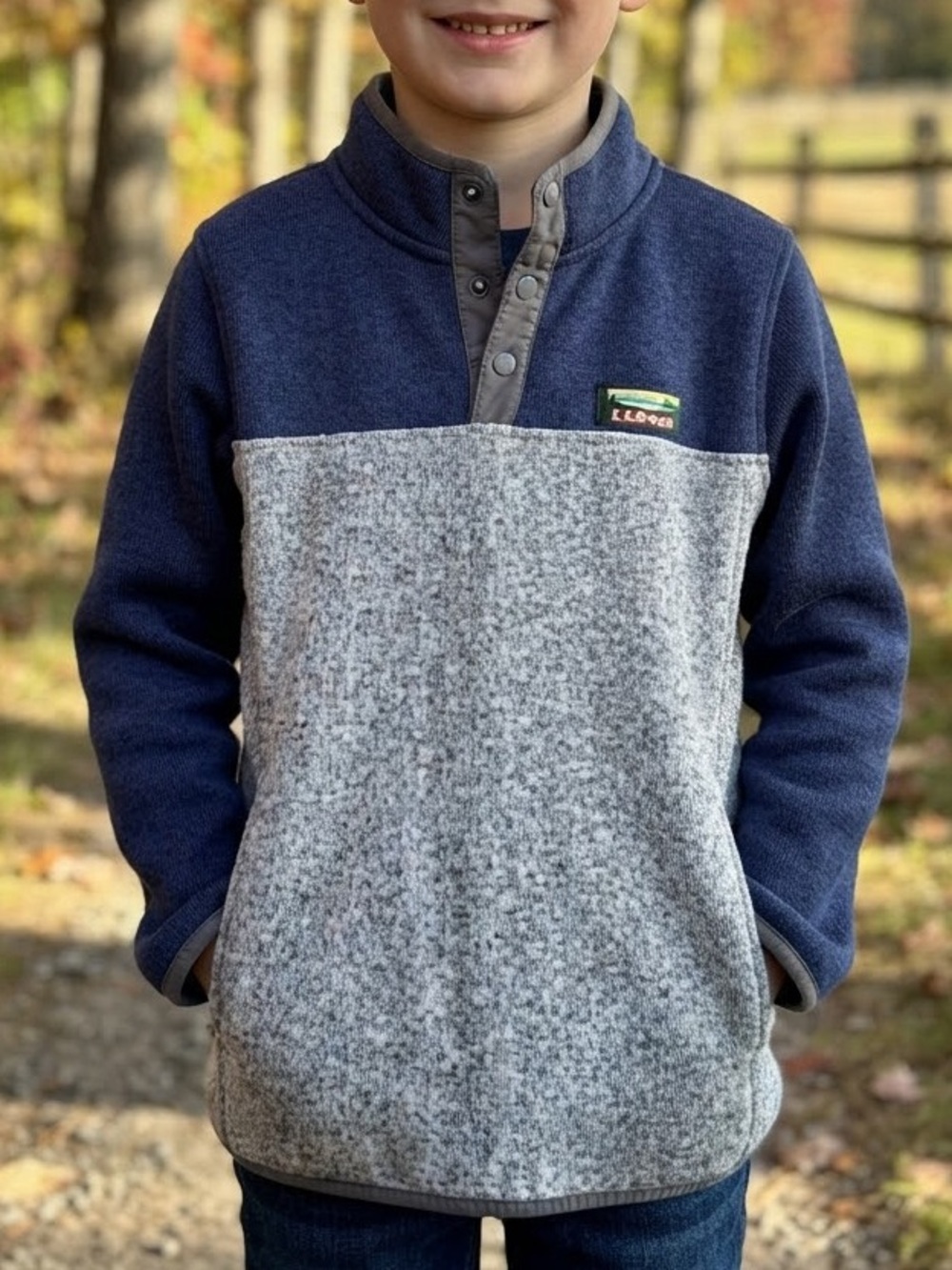 L.L. Bean Boys Navy and Light Gray Snap-Placket Fleece Pullover
